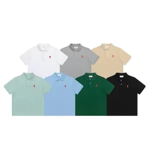 AMI Paris Classic Heart Embroidery Short-Sleeve Shirt with Collar-378